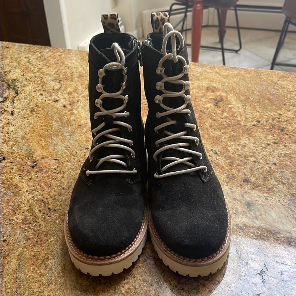 Dolce Vita Charcoal Gray Suede Lace-Up Boots with Leopard Detail- Barely Worn.